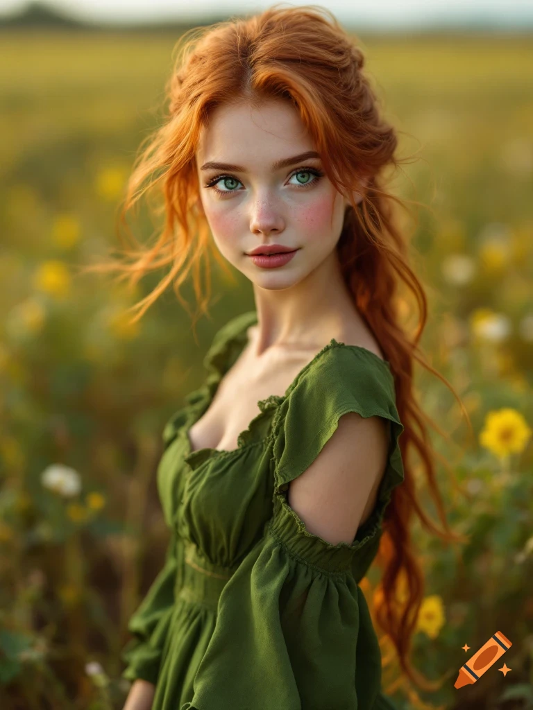 A photorealistic portrait of a redhead woman in a green dress in a ...