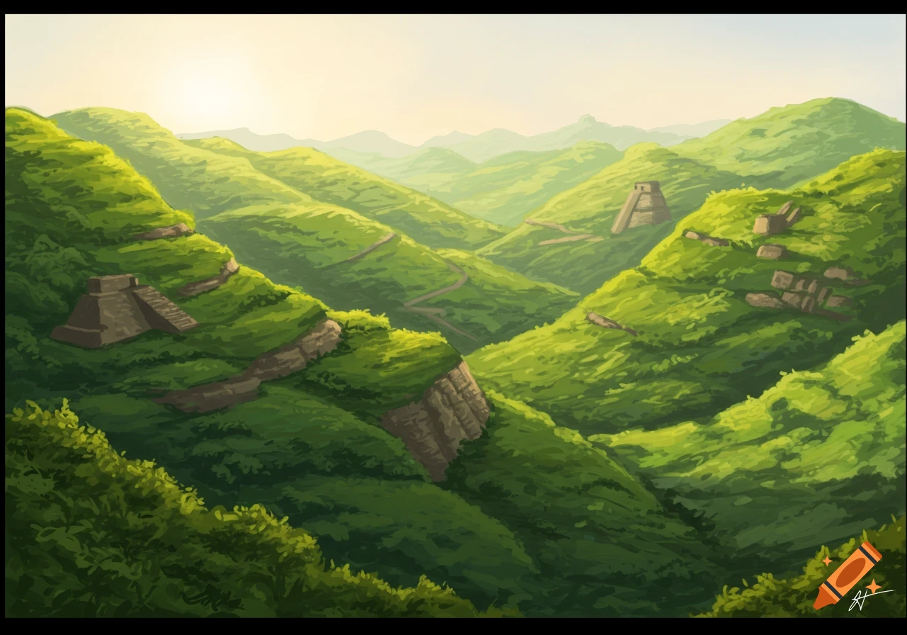 Lush green valleys and hills with Mayan-style pyramids and ruins under a bright sky.