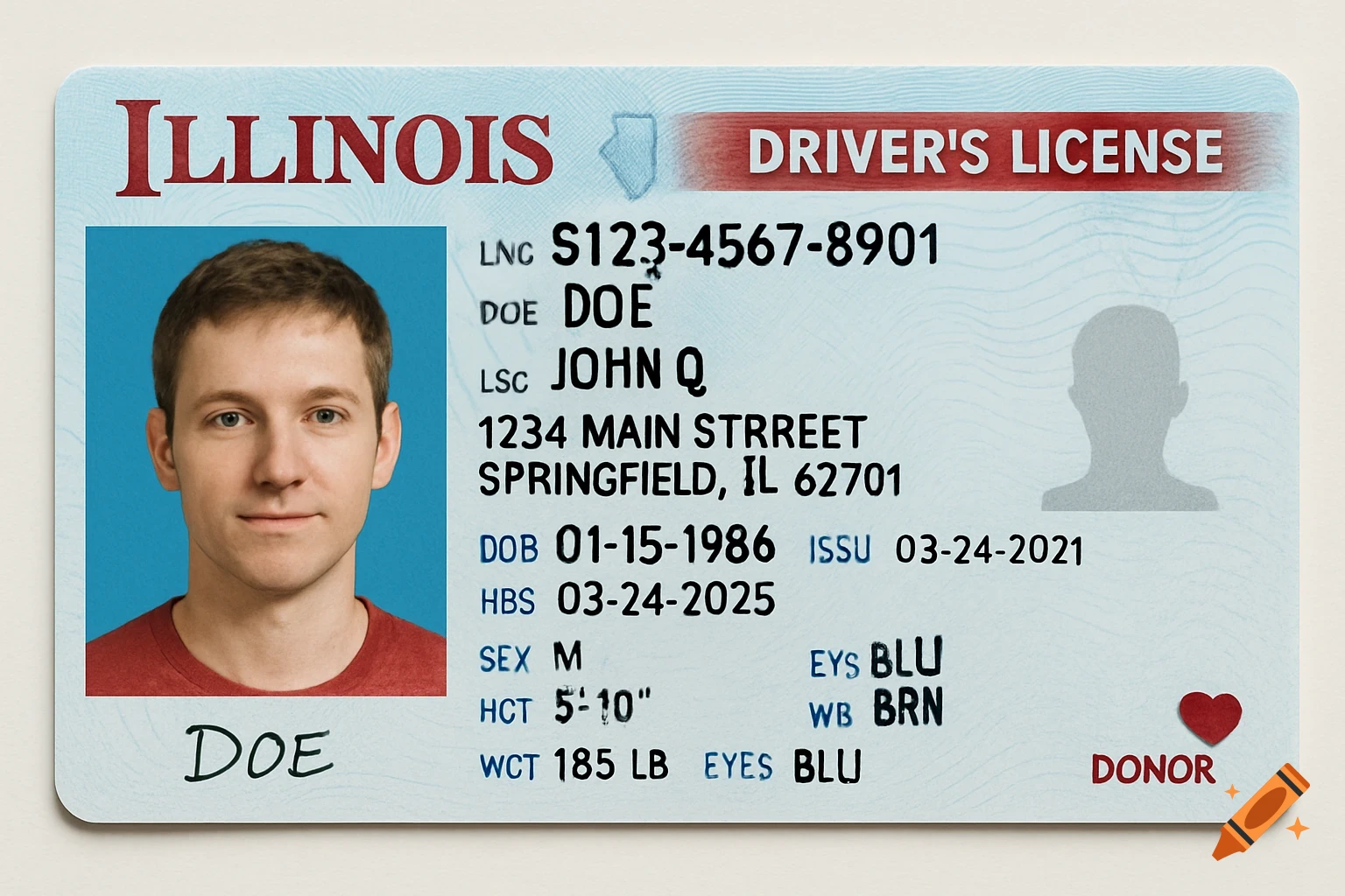 Close-up of a simulated Illinois driver's license with photo and text.
