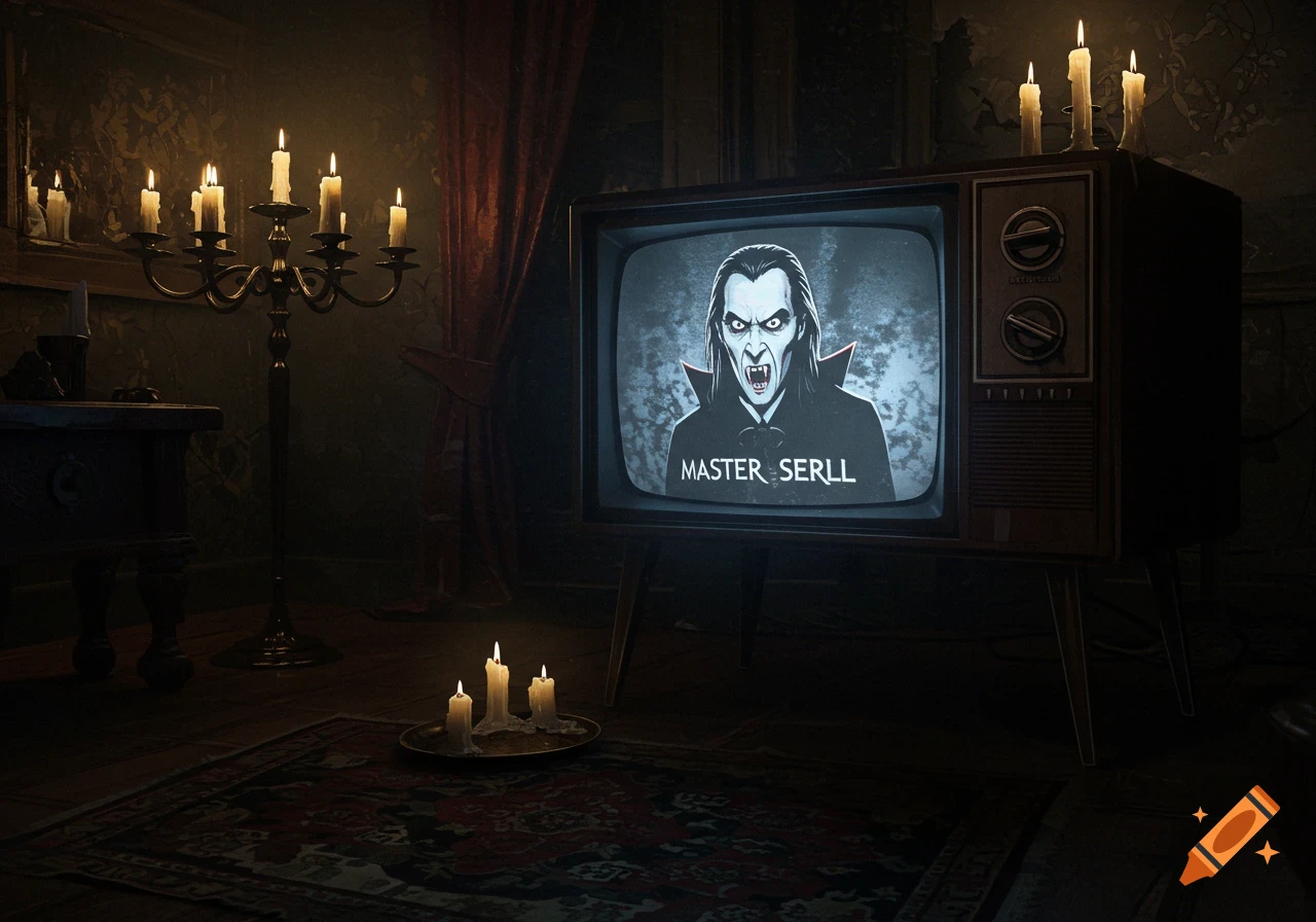 Eerie room with candles and an old TV showing a cartoon vampire.