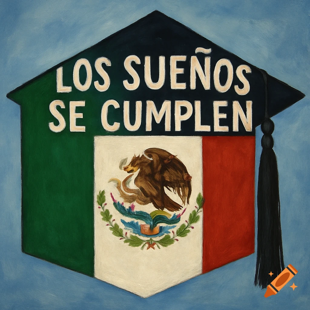 A banner shaped like a graduation cap featuring the Mexican flag and the text 'LOS SUEÑOS SE CUMPLEN' against a blue background.