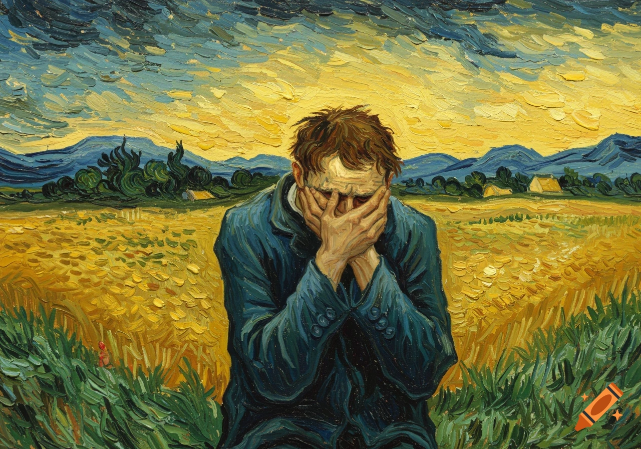 Van Gogh style painting of a person covering their face in a wheat field.