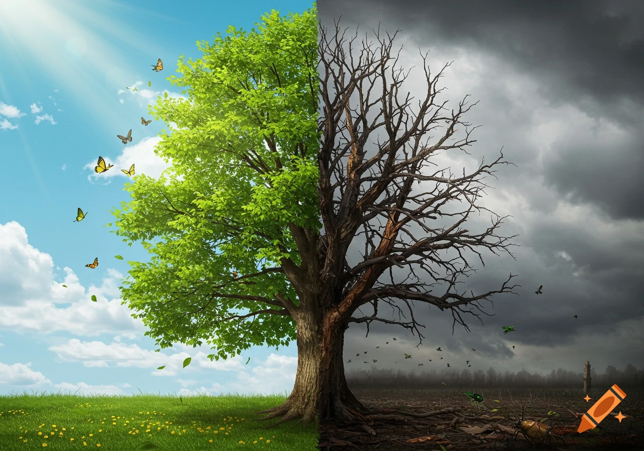 Tree split between lush green side with blue sky and dead dark side with stormy sky