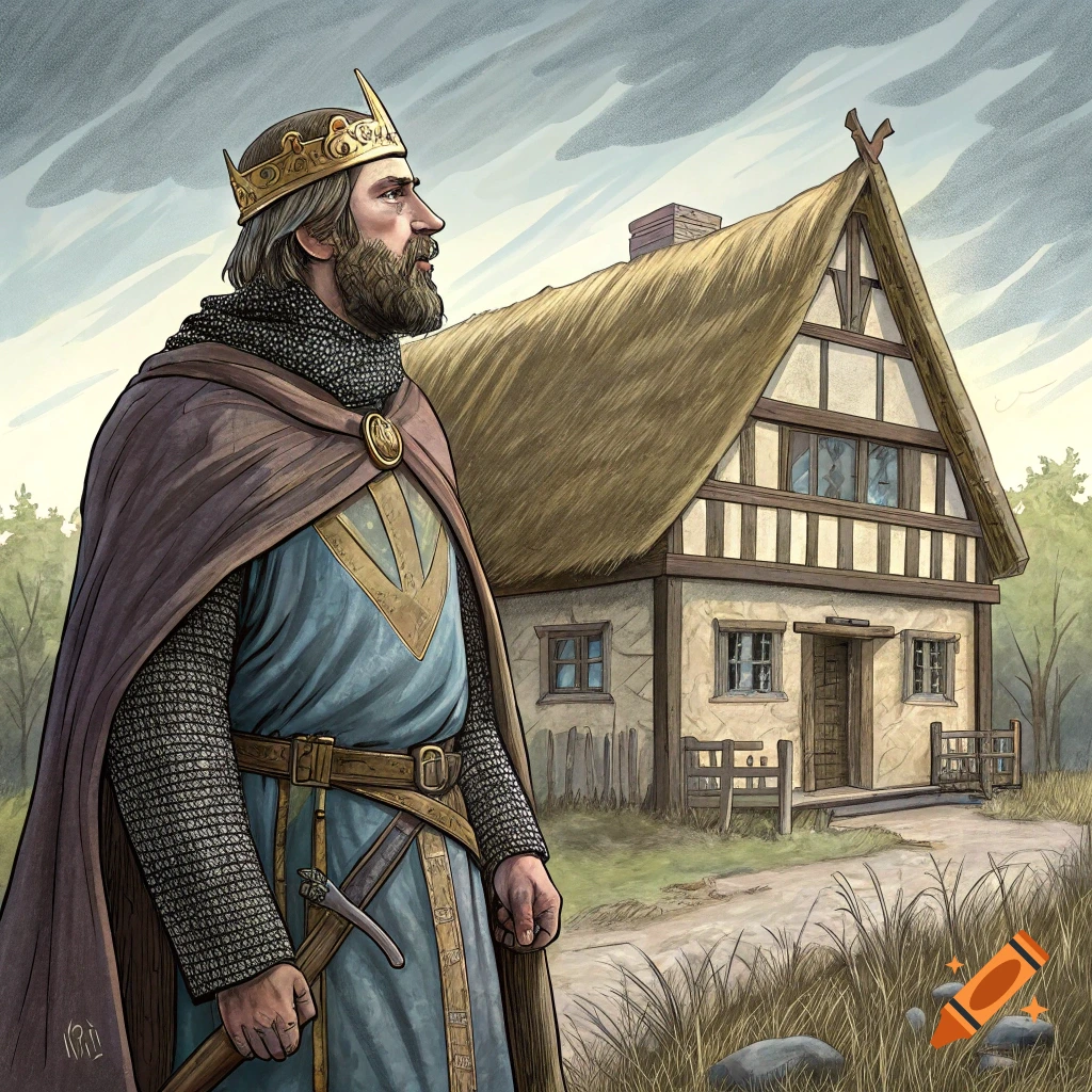 Illustrated depiction of a medieval king in armor and crown standing ...