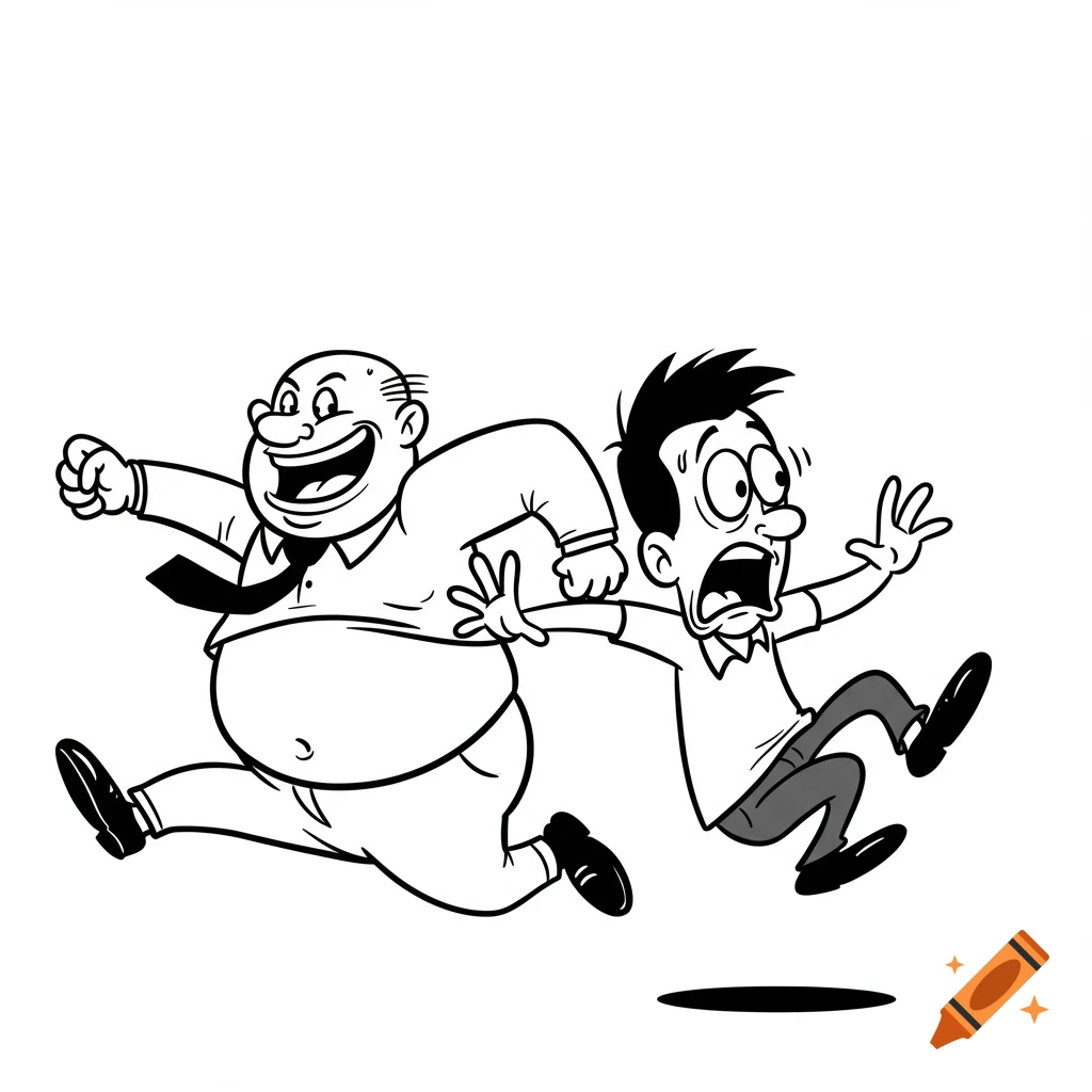 Black and white cartoon of an excited, large man chasing a frightened, thin man.