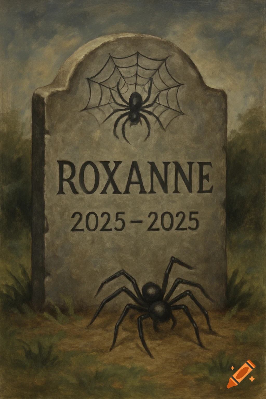 A painted tombstone for a spider named Roxanne with dates 2025-2025 and spider decorations.