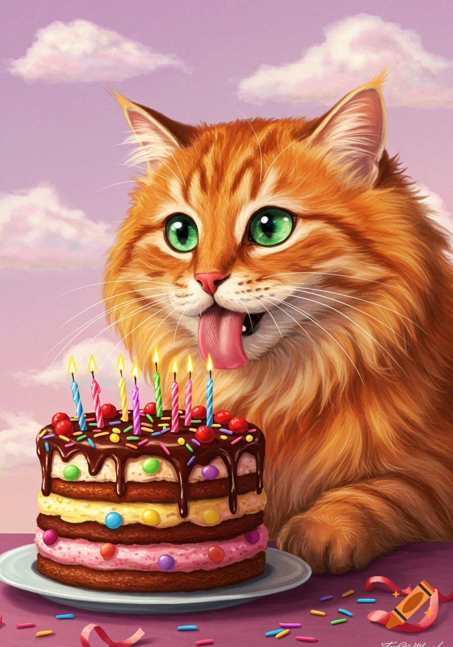 An orange fluffy cat licks a colorful birthday cake with sprinkles and ...