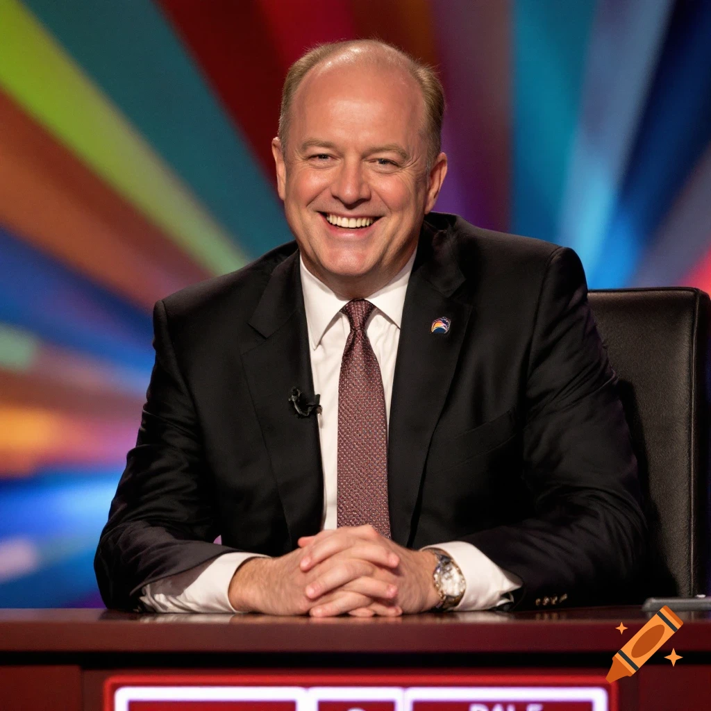 Man in a suit smiling at a desk on a television game show set.