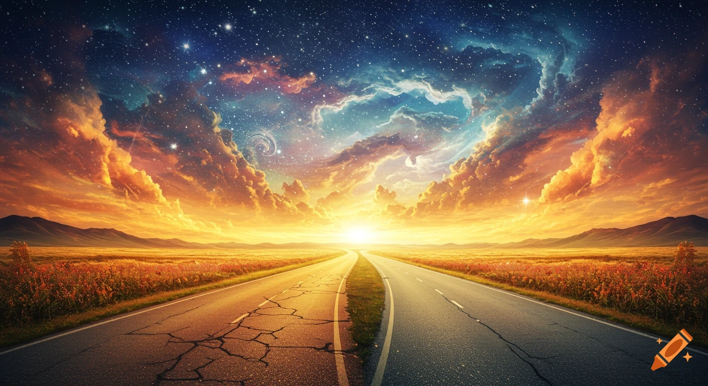 A road splits, one path leads to a sunset landscape, the other curves into a starry cosmic sky.