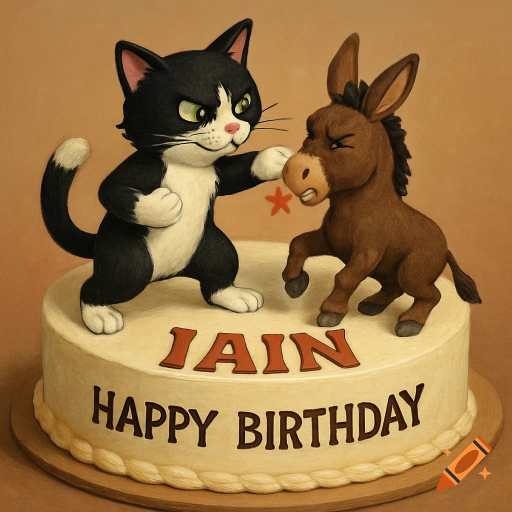Cartoon cat punching a donkey on a birthday cake that says "Iain Happy Birthday".