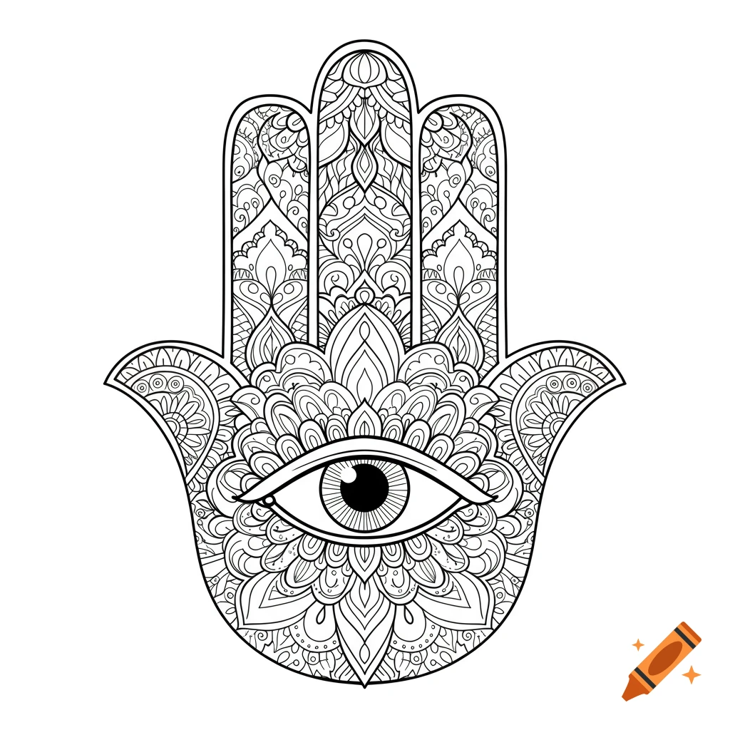 Black and white line art of a Hamsa hand with an eye and intricate mandala patterns.