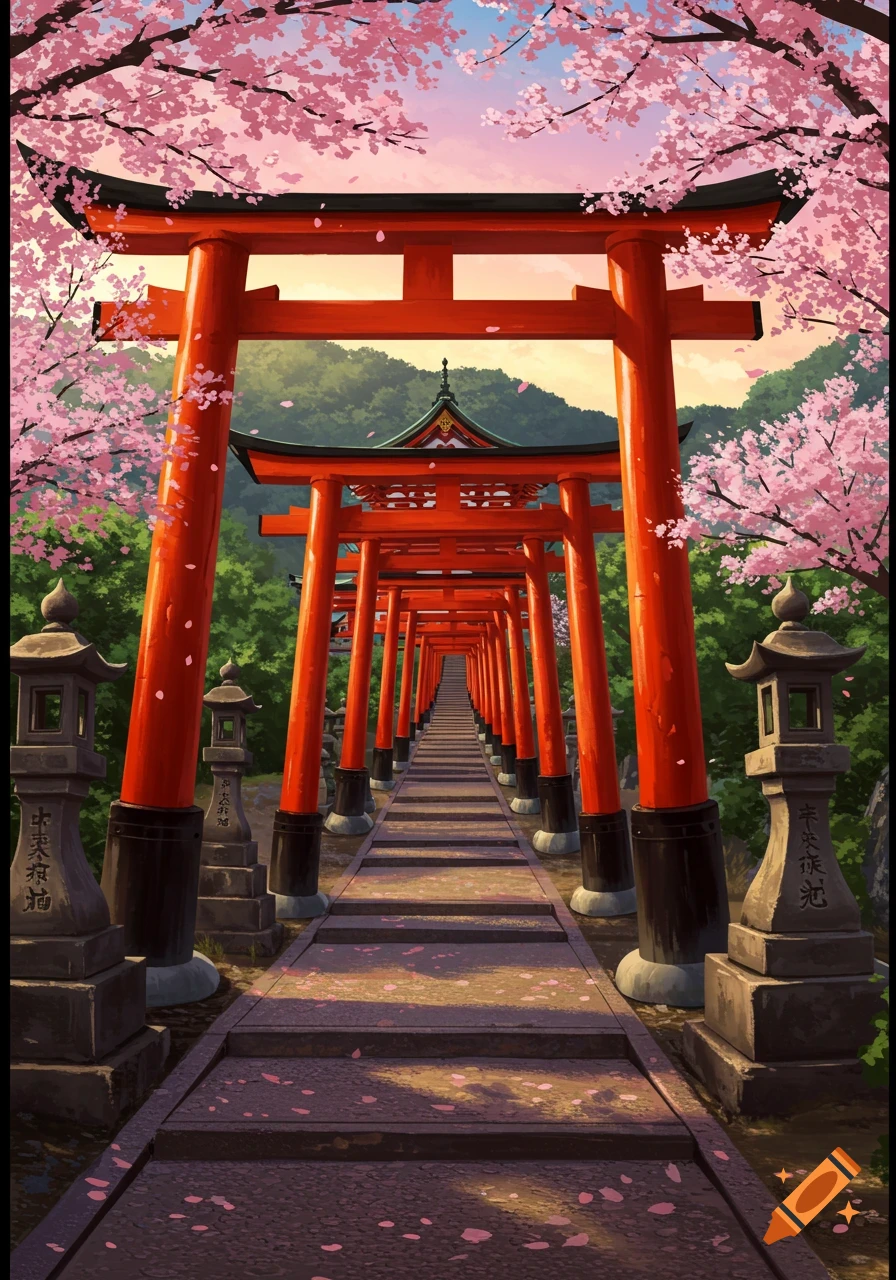 Anime illustration of red torii gates lining a stone path through cherry blossoms.