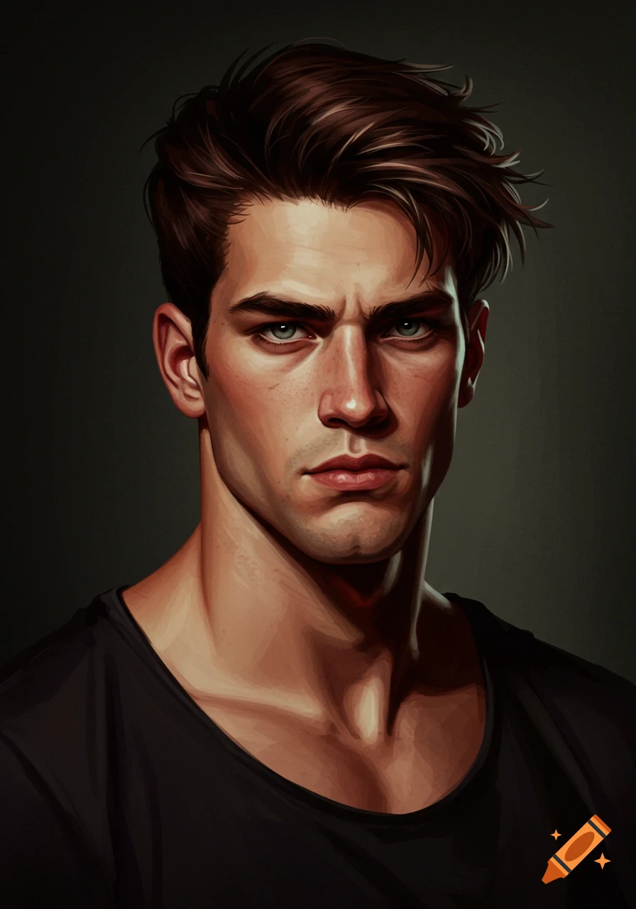 Close-up illustration of a man with dark hair and blue-green eyes looking serious.