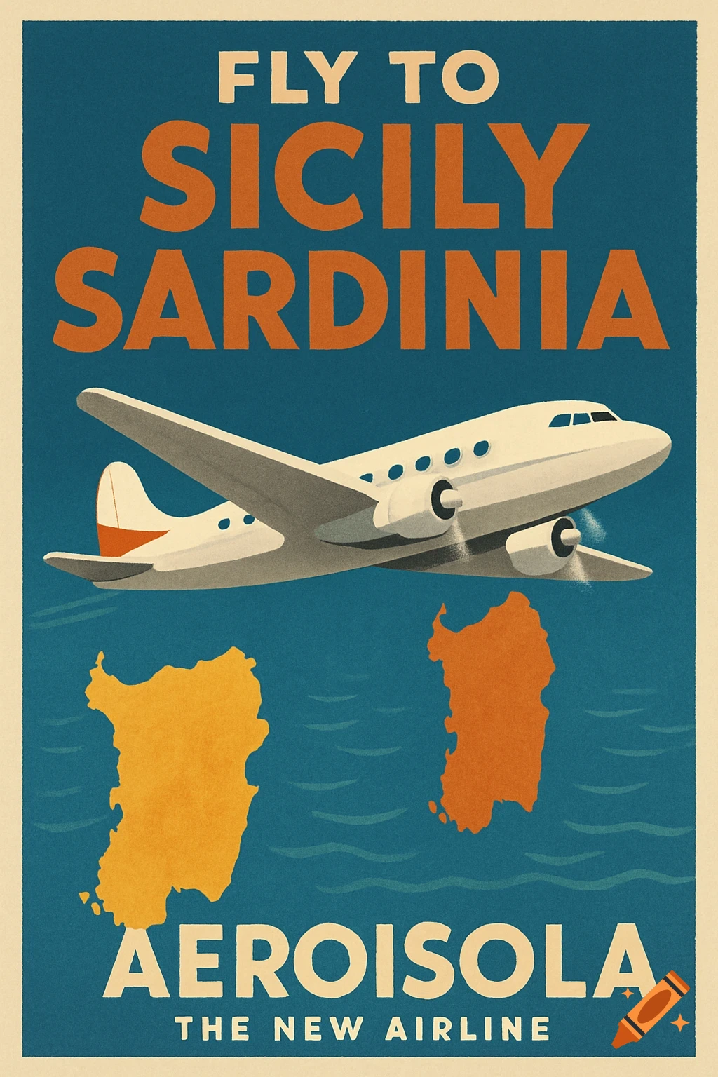 Vintage style travel poster for flights to Sicily and Sardinia featuring a plane and maps.