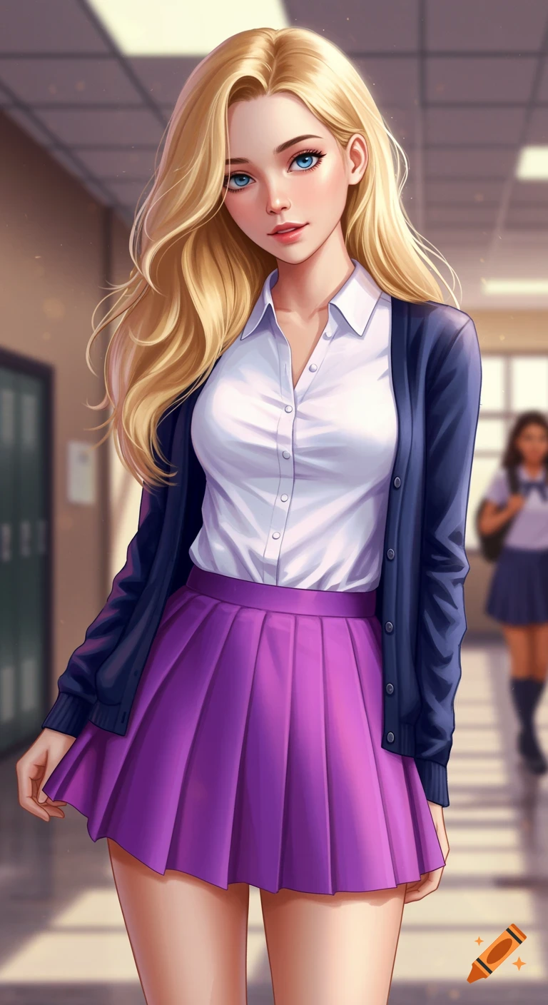 Anime style illustration of a blonde girl in a school hallway wearing a white shirt, blue cardigan, and purple skirt.