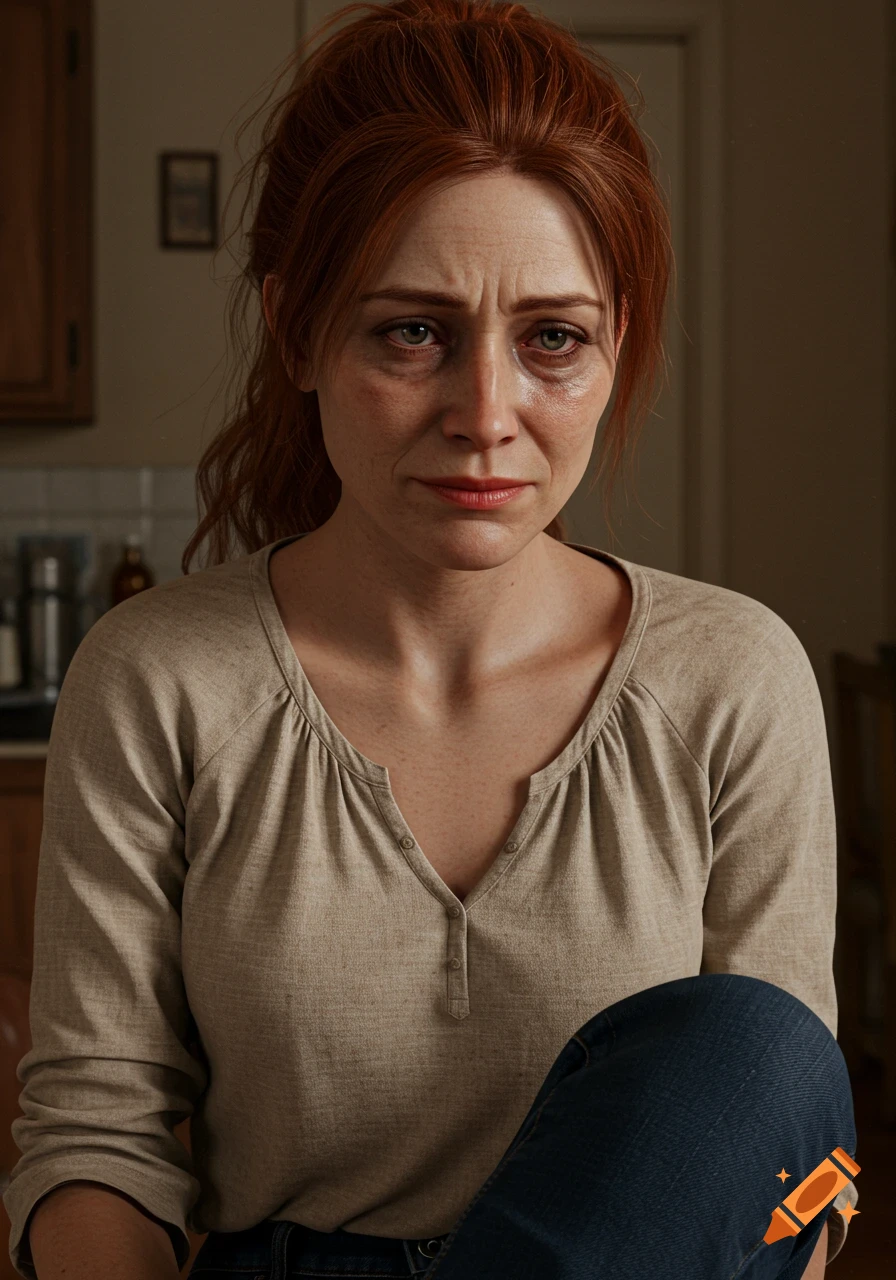 Close-up photorealistic portrait of a red-haired woman with a sad expression and dark circles under her eyes.
