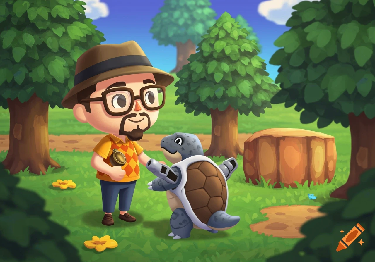 A cartoon person in a hat and glasses stands with Blastoise in an Animal Crossing-style outdoor setting.