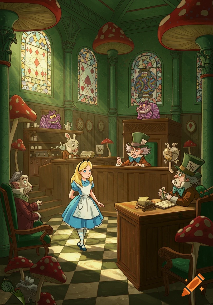 Alice in a fantasy courtroom with Wonderland characters like the Mad Hatter and Cheshire Cat.