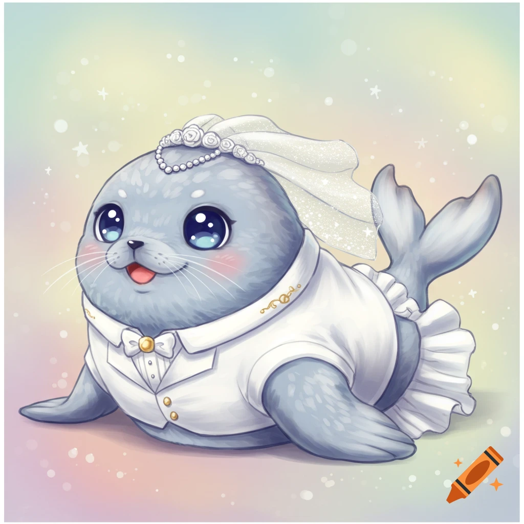 A cute cartoon seal wearing a white wedding tuxedo and veil on a sparkly pastel background.