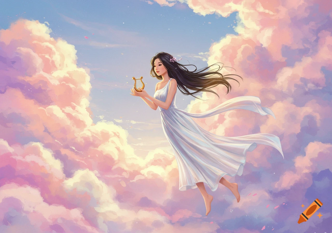 A woman in a white dress floats among colorful clouds, holding a small harp. Digital art.