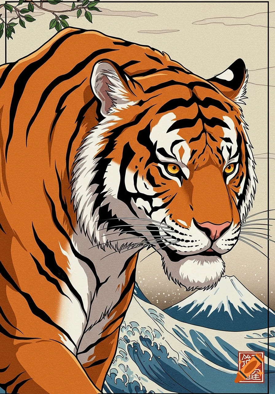A tiger in Japanese ukiyo-e art style with waves, Mount Fuji, and a branch.