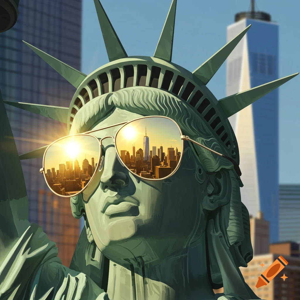 Close up of the Statue of Liberty wearing sunglasses reflecting the NYC skyline at sunrise, illustration