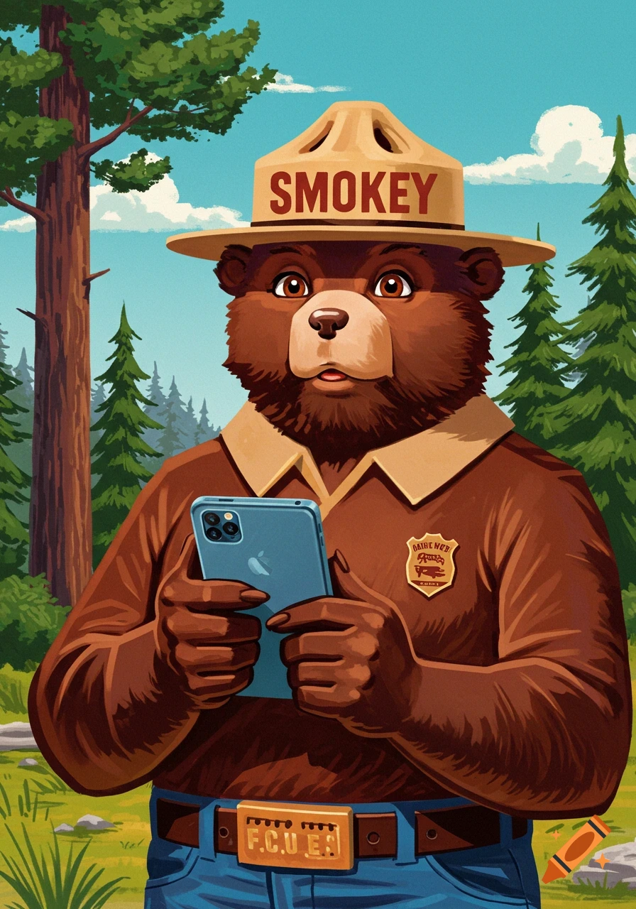 Smokey the Bear in a forest holds a blue smartphone.