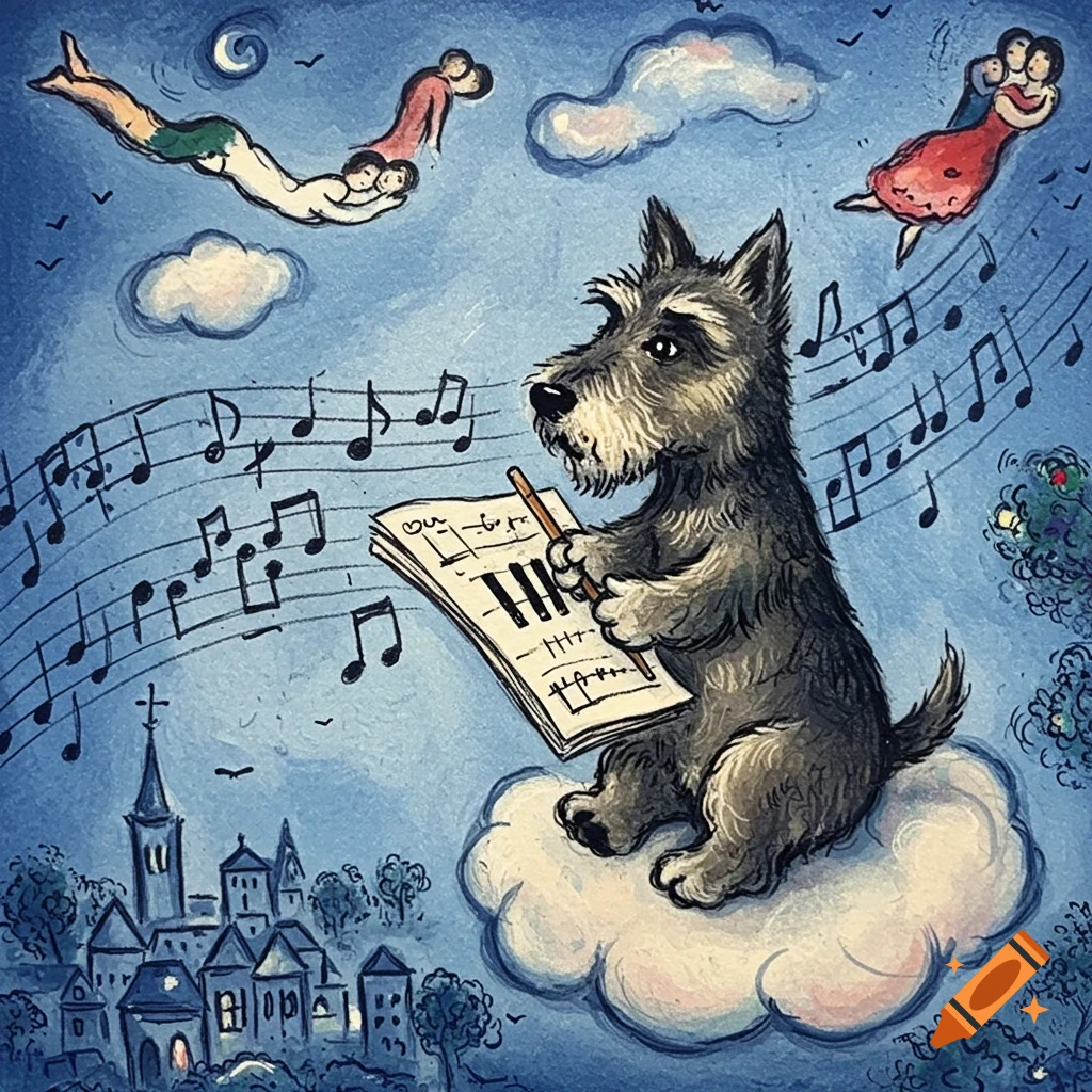 A painting in the style of Marc Chagall shows a Scotty dog sitting on a cloud composing music over a town at night with people flying.