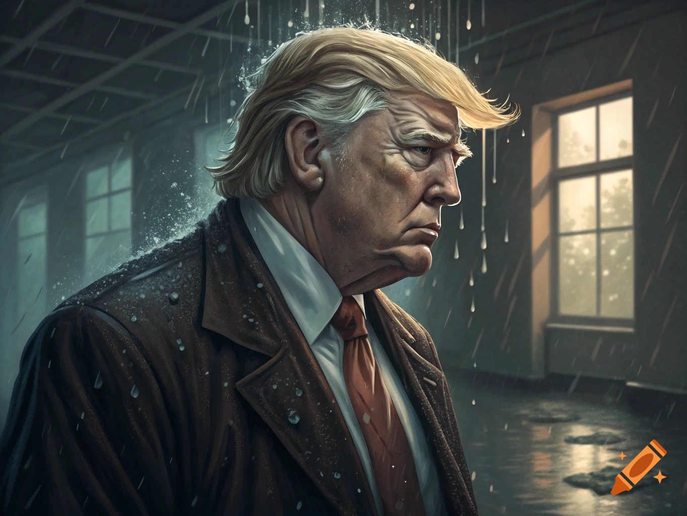 A portrait of Donald Trump standing in the rain.
