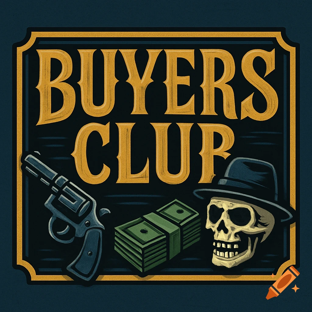 Stylized illustration of a sign for 'BUYERS CLUB' featuring a gun, money, and a skull in a hat.