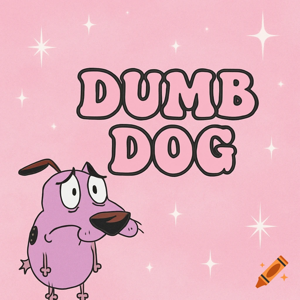 Courage the Cowardly Dog with "DUMB DOG" text on a pink sparkly background.