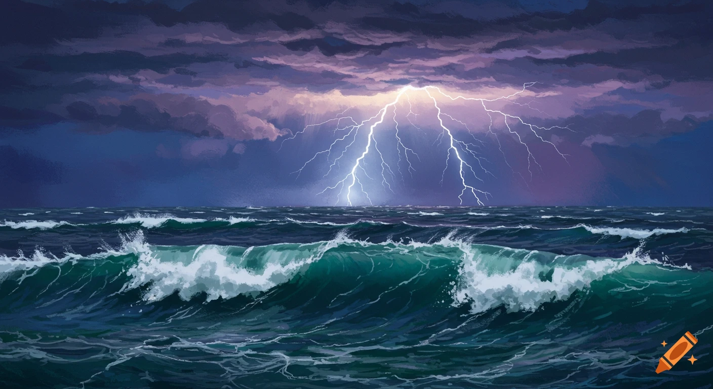 An illustration of a stormy sea with dark clouds and lightning overhead.
