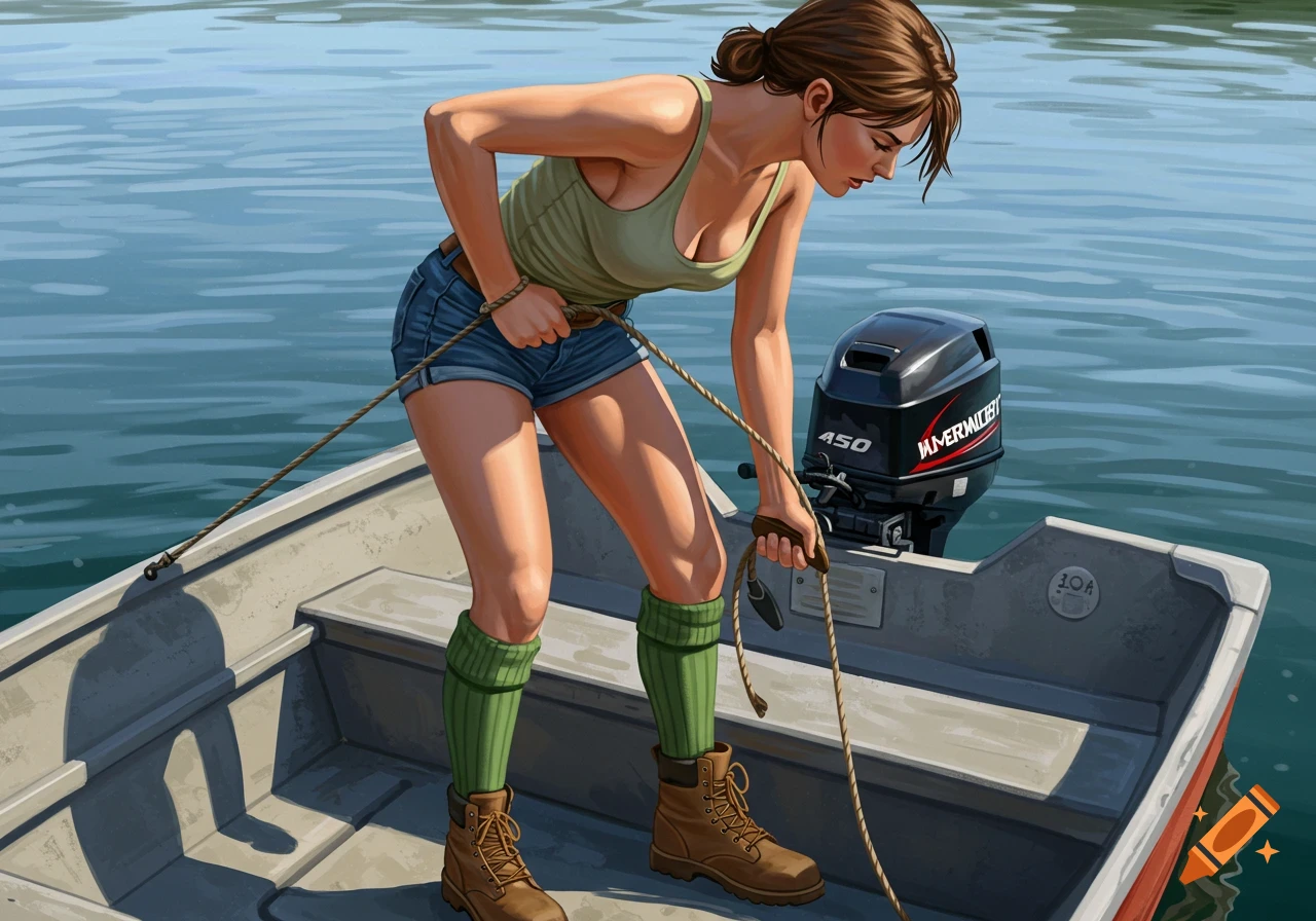 Woman in a boat trying to pull-start an outboard motor on the water.