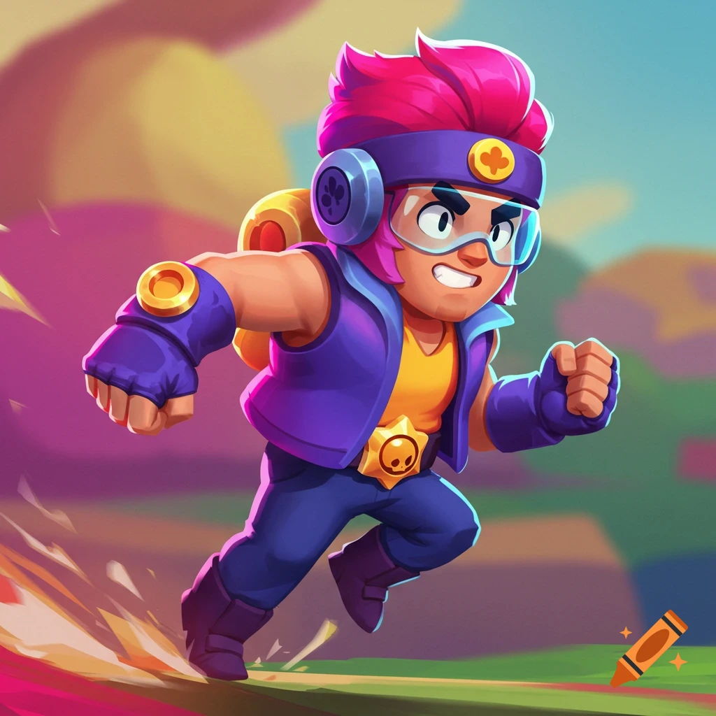 Cartoon character in purple and yellow running forward in a colorful landscape.