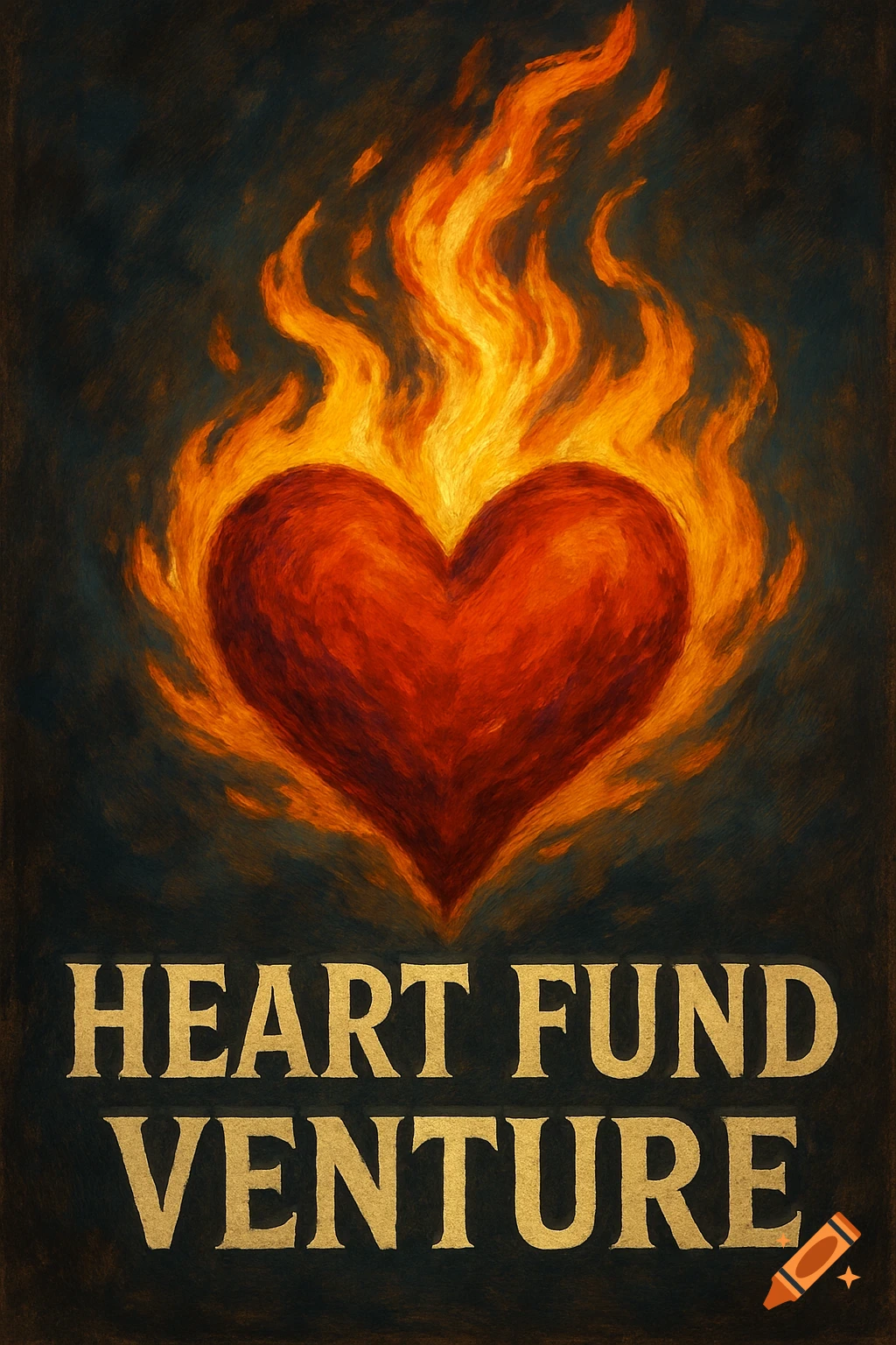 A painted red heart is engulfed in yellow and orange flames against a dark background, with the gold text 'HEART FUND VENTURE' below.