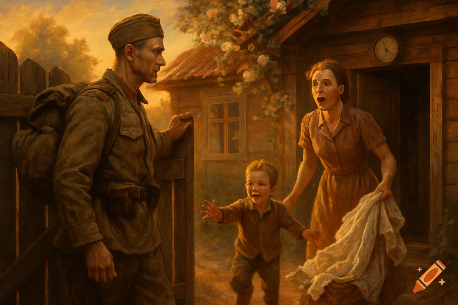 A Soviet soldier in uniform meets his family at a wooden gate at sunset, painted style.