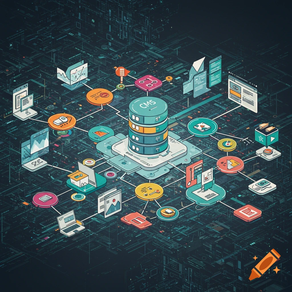 Isometric illustration of a central server labeled "CMS" connected to various tech icons (laptops, documents, graphs) within a network grid.