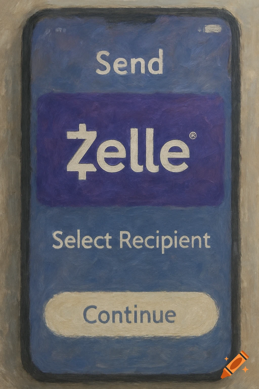 A painted phone screen shows a payment app interface with text like Send, Zelle, Select Recipient, and Continue.