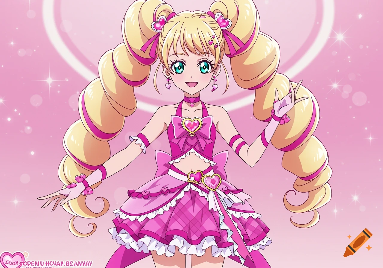 Anime girl with blonde twin drill pigtails and pink magical girl outfit smiling.
