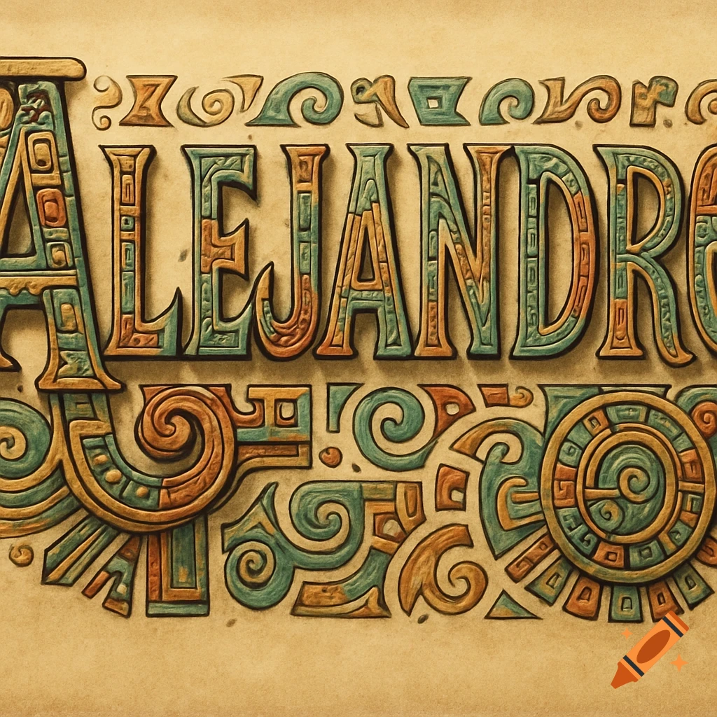 The name Alejandro rendered in a colorful Aztec art style.