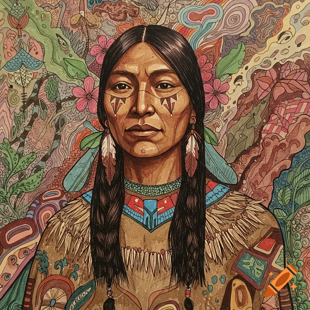 Illustration of a person with face paint and feathers against a colorful, abstract background.