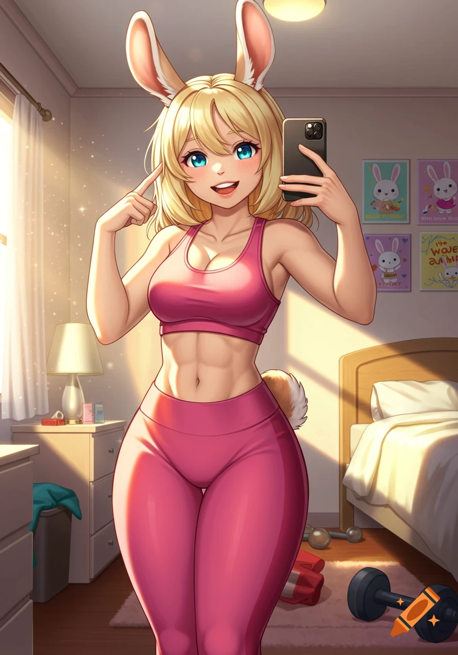 Anime girl with bunny ears and tail in workout clothes taking a selfie in her bedroom.