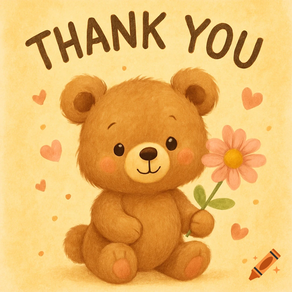 Cute watercolor illustration of a teddy bear holding a pink flower under the words THANK YOU.
