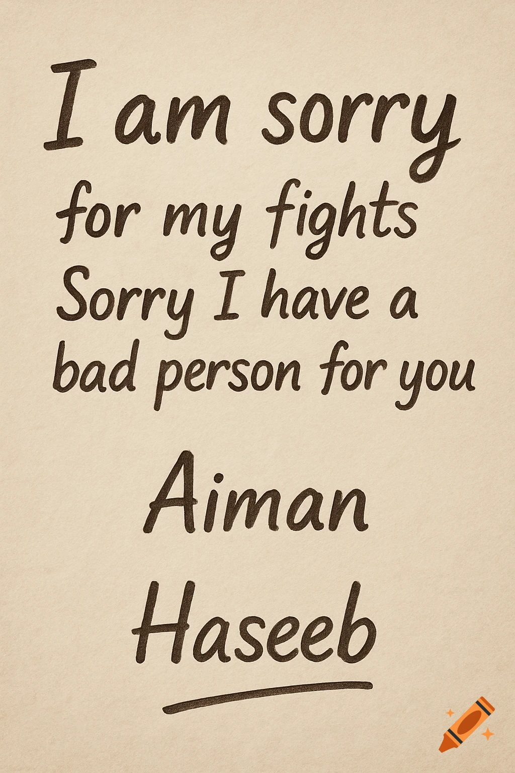 A sorry note written in cursive text on a textured paper background.