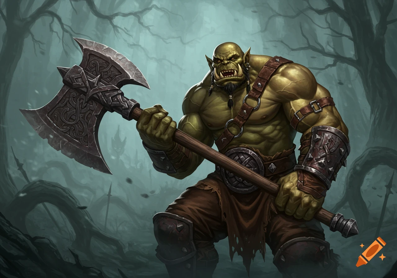 An orc holds a large axe in a misty forest, digital illustration.