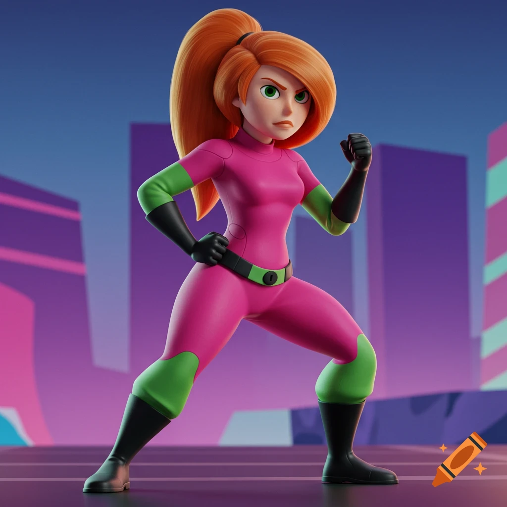 A 3D render of a character resembling Kim Possible in a pink suit ...