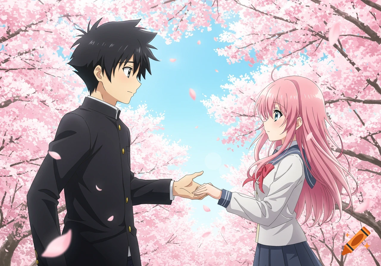 Anime boy and girl reach for hands under cherry blossom trees.