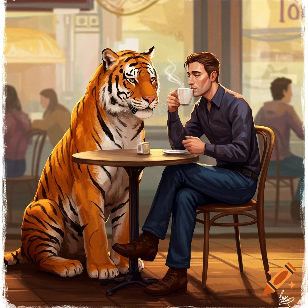 A man and a large tiger sit together at a cafe table drinking coffee.
