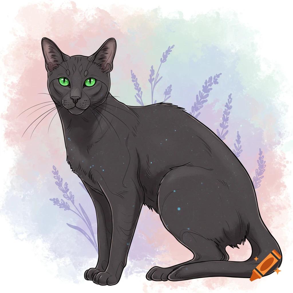 Dark gray line drawing cat with green eyes sitting against a pastel watercolor background with lavender.