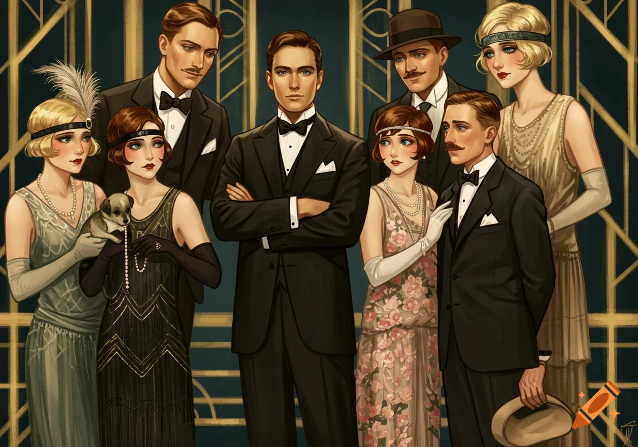 Illustration of a group of people in 1920s attire with a puppy.